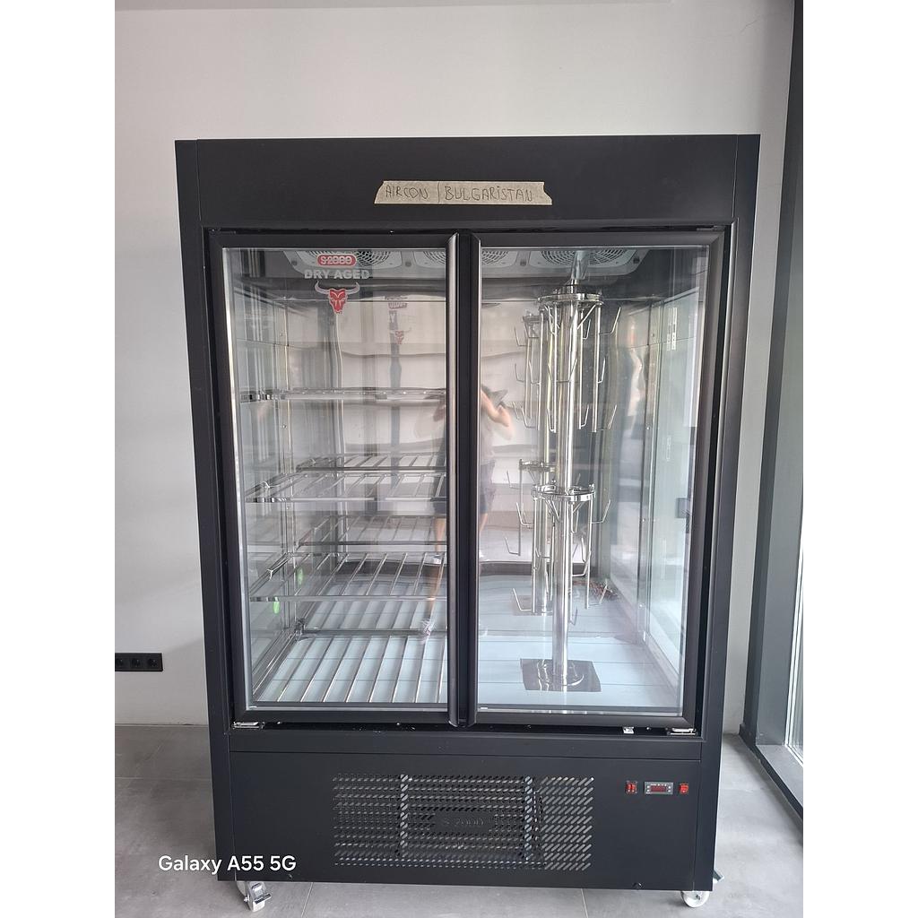 DRY AGED / Dry Ager for meat aging 137/75/205 / 2 doors one part with shelves the other with a rotating hanging mechanism, color black + Himalayan salt
